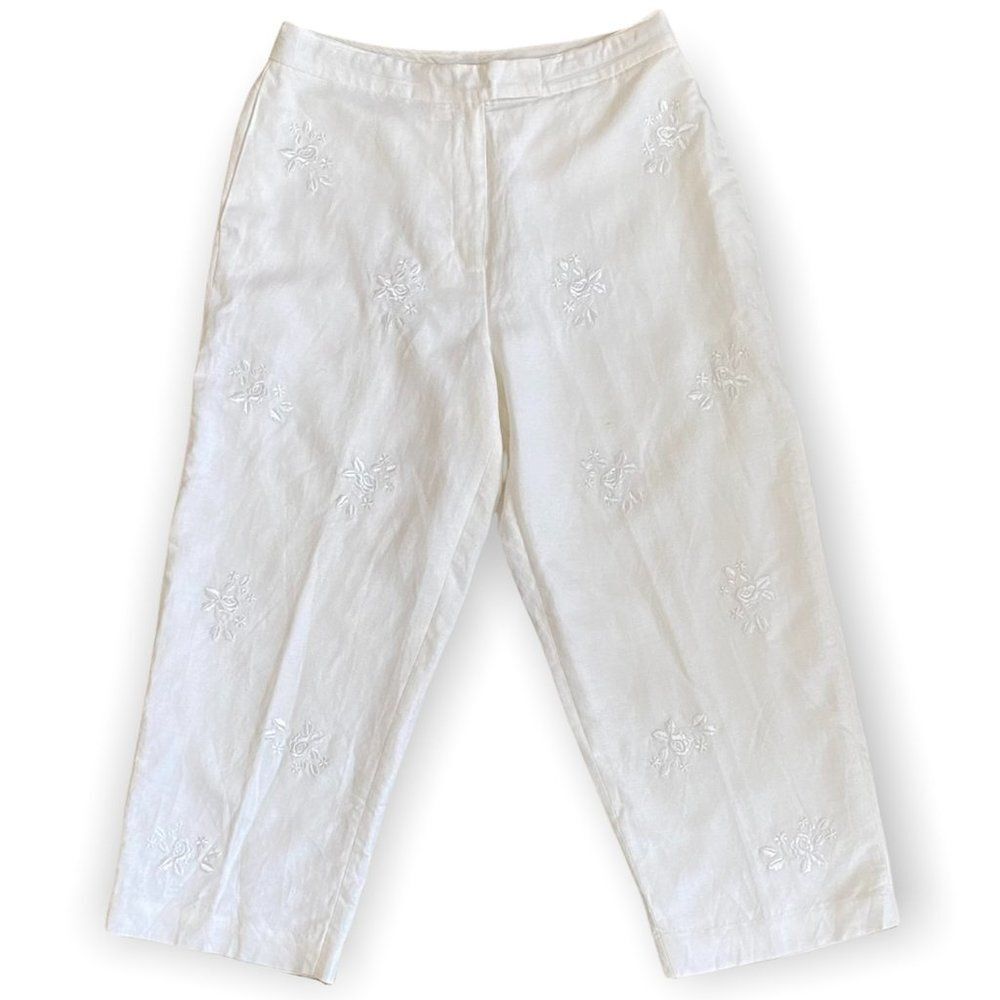 Alexandra Bartlett White Floral Embroidered Wide Leg Pants SZ 12
